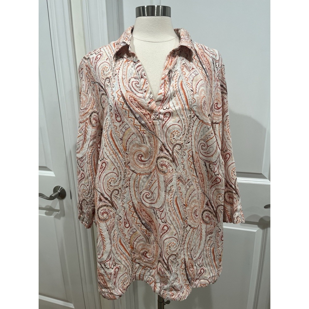 Rachel Zoe 100% Linen Shirt‎ Paisley Women's Size 2X Long sleeve